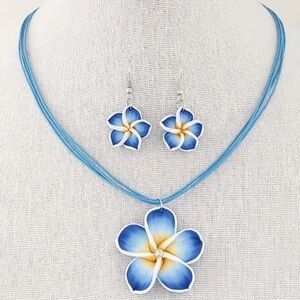 Tropical Blue Plumeria Flower Necklace & Earring Set